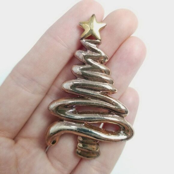 Vintage Retro Christmas Tree Brooch, Zig Zag Design Silver Tone With Star Pin - Picture 5 of 6